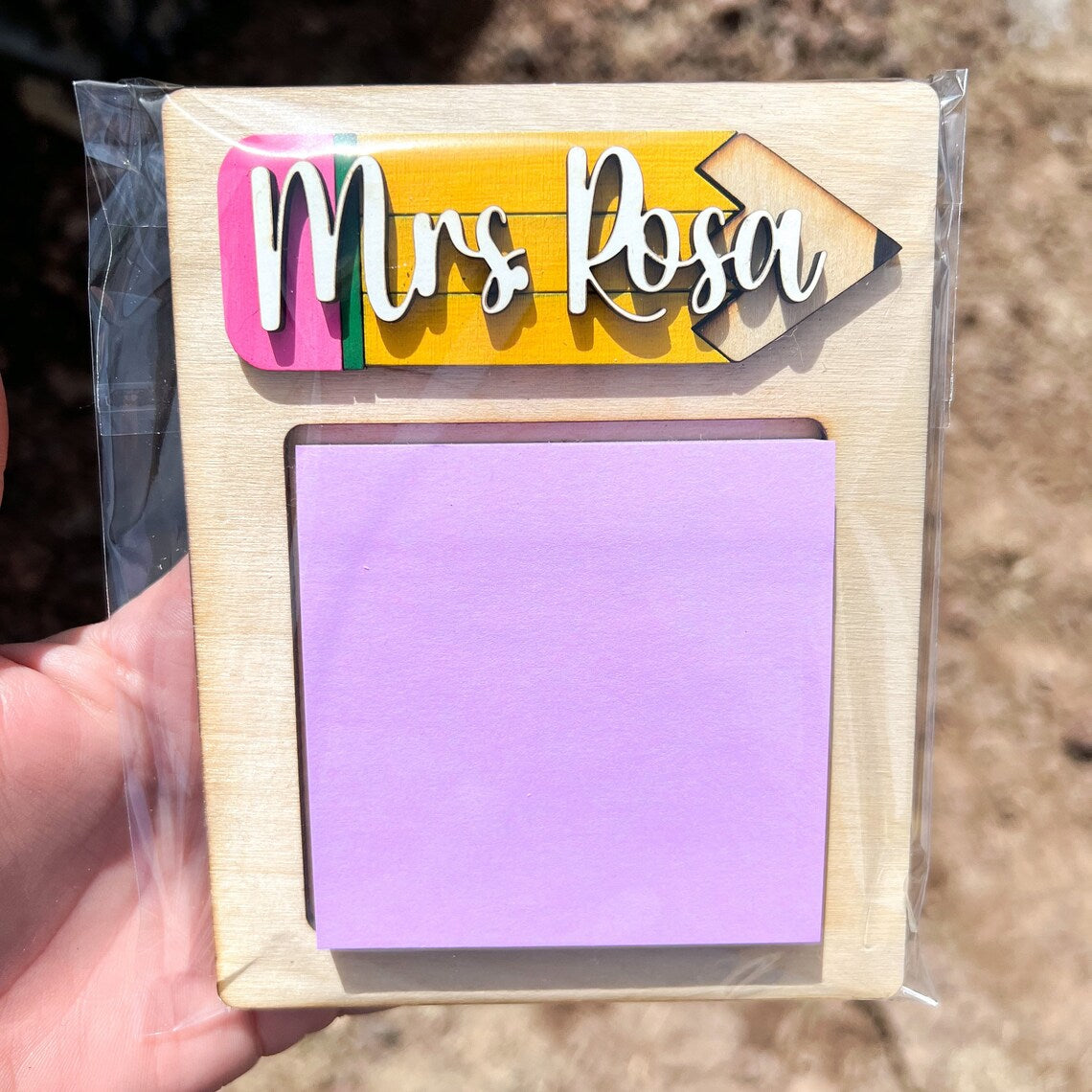 Personalized Teacher Sticky Note Holder: Wood Pencil Design