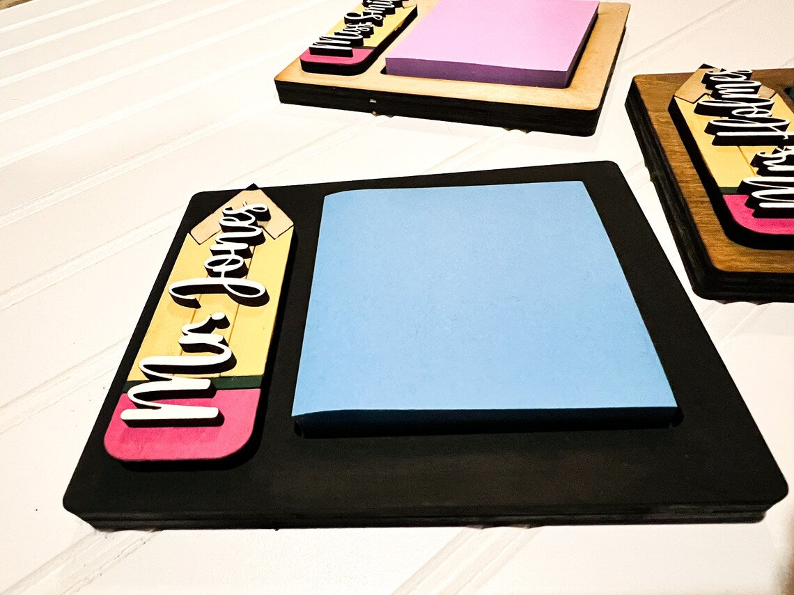 Personalized Teacher Sticky Note Holder: Wood Pencil Design
