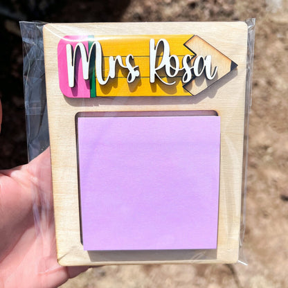 Personalized Teacher Sticky Note Holder: Wood Pencil Design