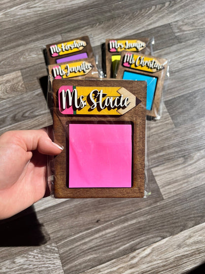 Personalized Teacher Sticky Note Holder: Wood Pencil Design
