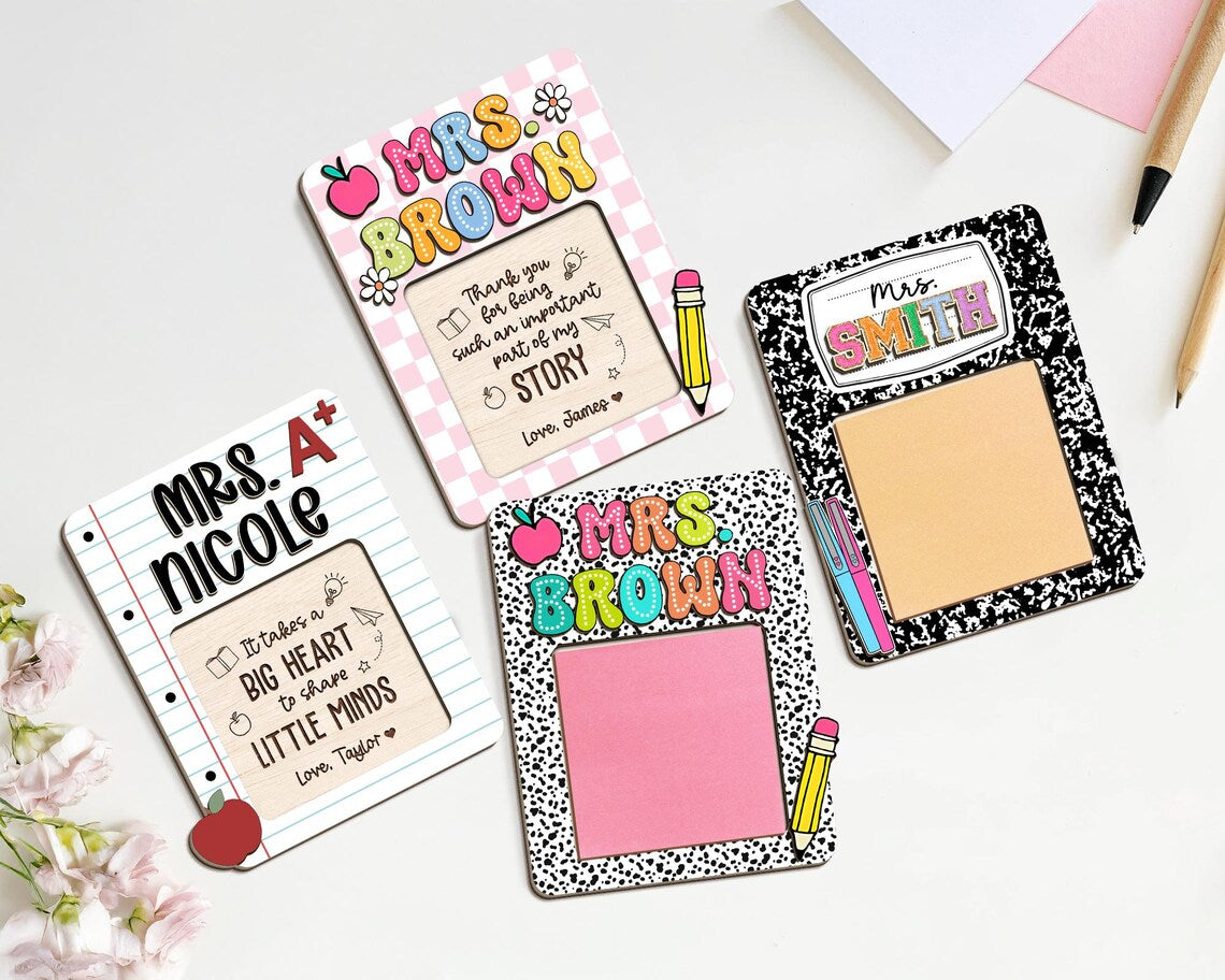 Personalized Teacher Sticky Note Holder, Wooden Desk Decor