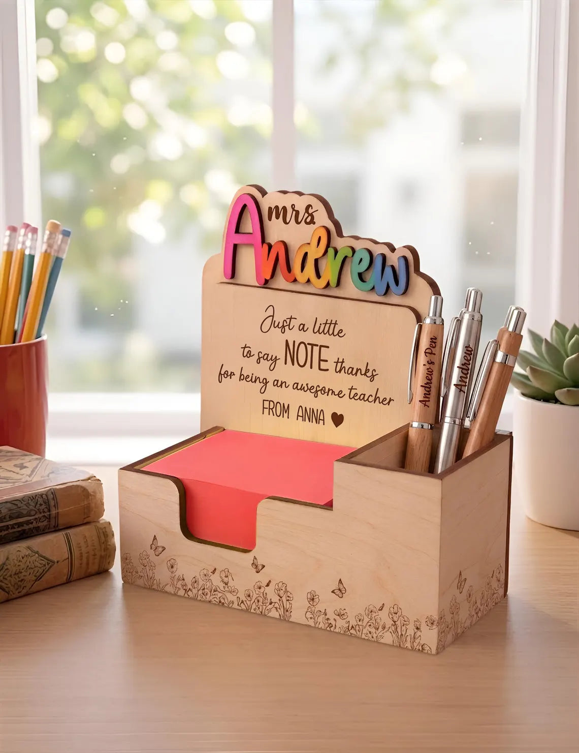 Personalized Teacher Sticky Note Holder with Pen Holder: Custom Name Desk Organizer Gift for Teacher