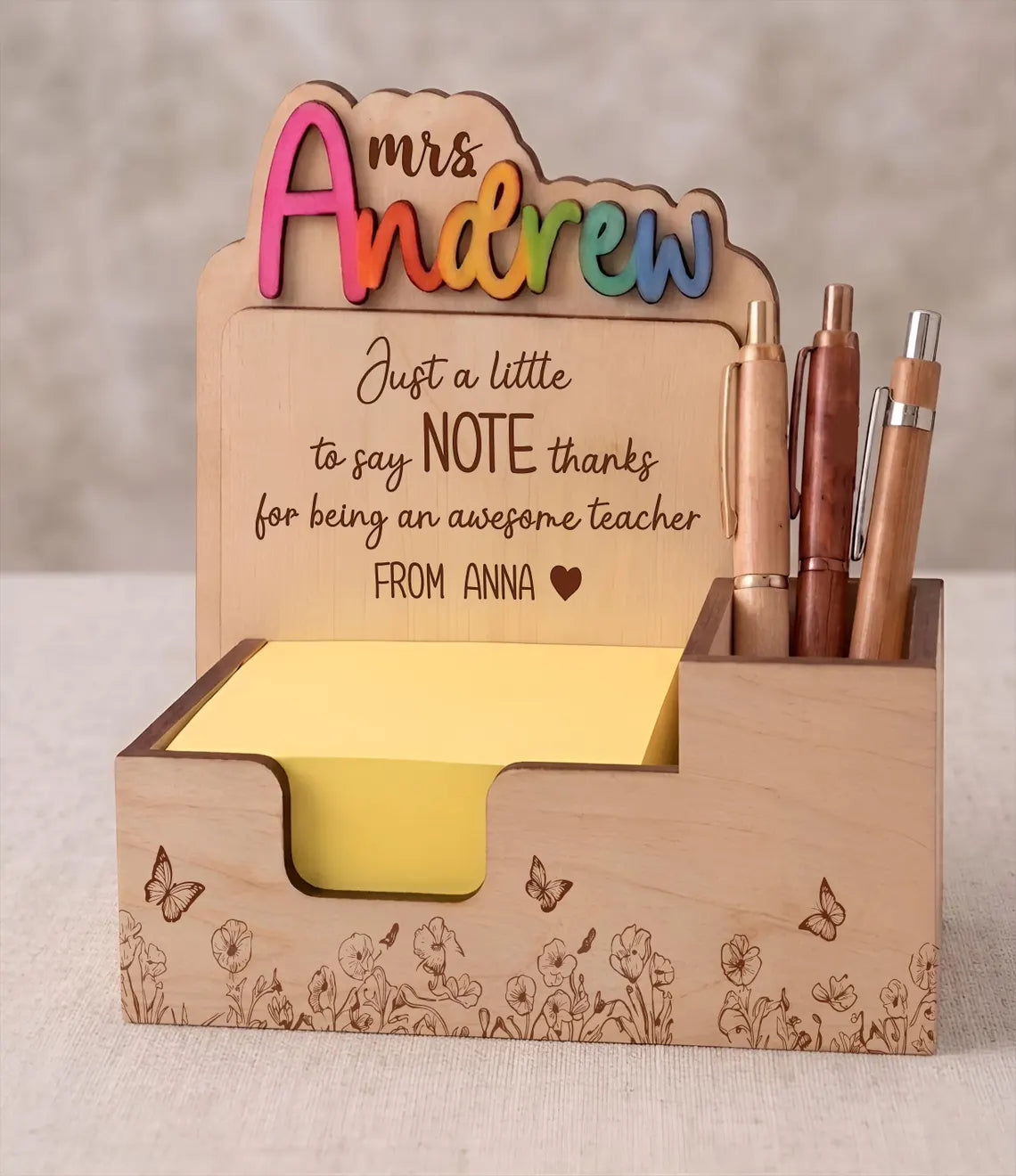 Personalized Teacher Sticky Note Holder with Pen Holder: Custom Name Desk Organizer Gift for Teacher