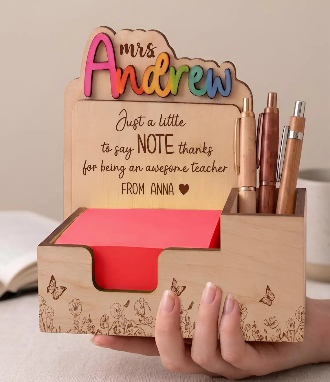 Personalized Teacher Sticky Note Holder with Pen Holder: Custom Name Desk Organizer Gift for Teacher
