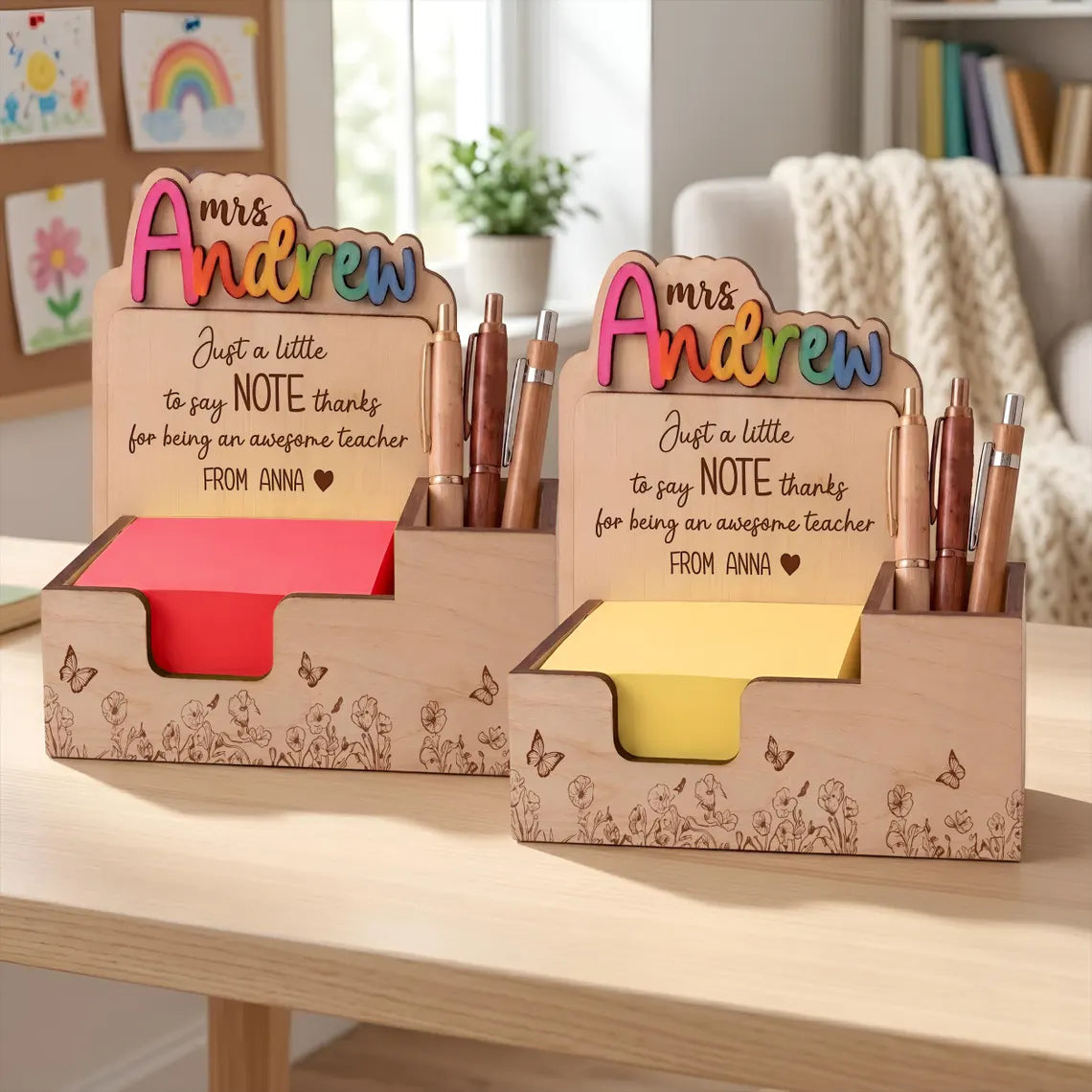 Personalized Teacher Sticky Note Holder with Pen Holder: Custom Name Desk Organizer Gift for Teacher