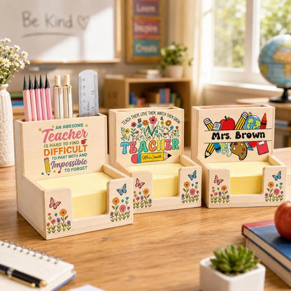 Personalized Teacher Sticky Note Holder with Pen Slot, Custom Name Notepad Desk Organizer, Teacher Appreciation Gift