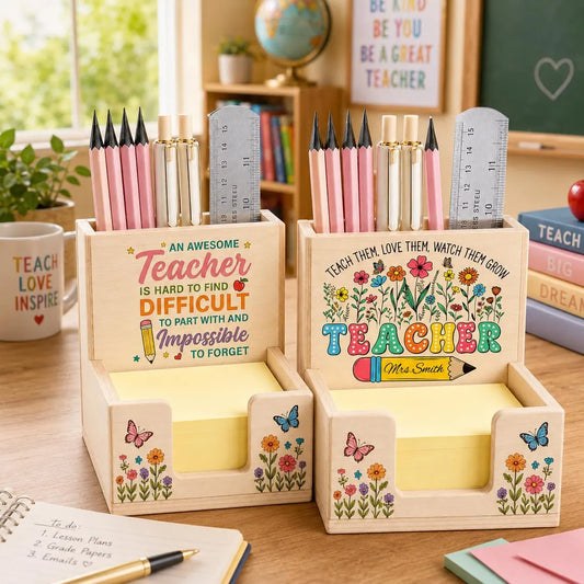 Personalized Teacher Sticky Note Holder with Pen Slot, Custom Name Notepad Desk Organizer, Teacher Appreciation Gift