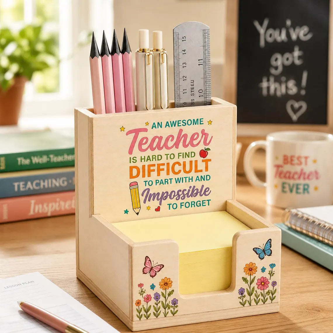 Personalized Teacher Sticky Note Holder with Pen Slot, Custom Name Notepad Desk Organizer, Teacher Appreciation Gift