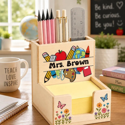 Personalized Teacher Sticky Note Holder with Pen Slot, Custom Name Notepad Desk Organizer, Teacher Appreciation Gift