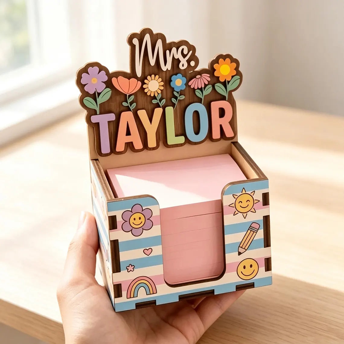 Personalized Teacher Sticky Note Holder, Custom Name Wooden Memo Holder, Teacher Appreciation Gift